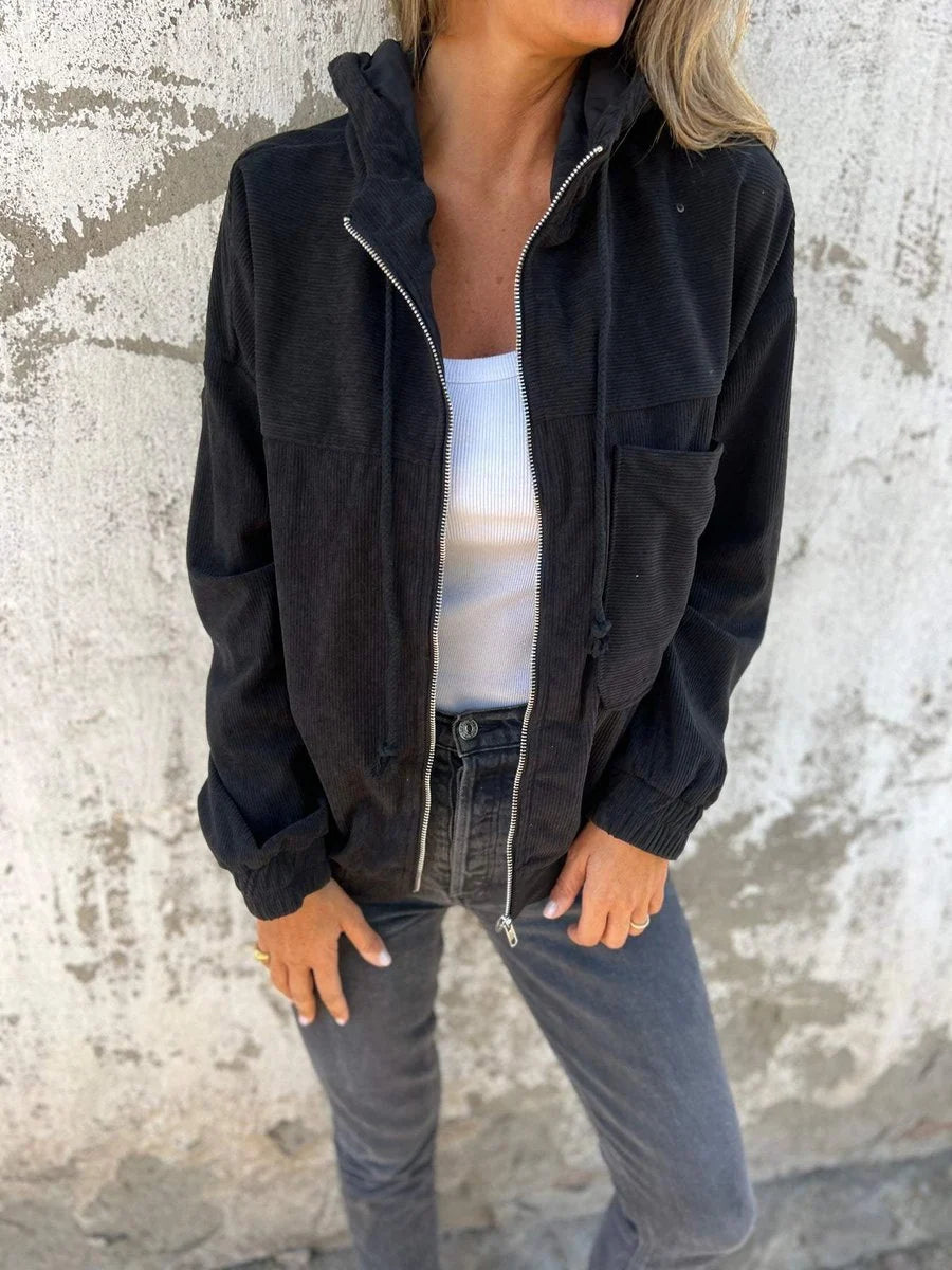 Mia | Damen Cord Kapuzenjacke mit Reißverschluss Oversized Freizeitjacke