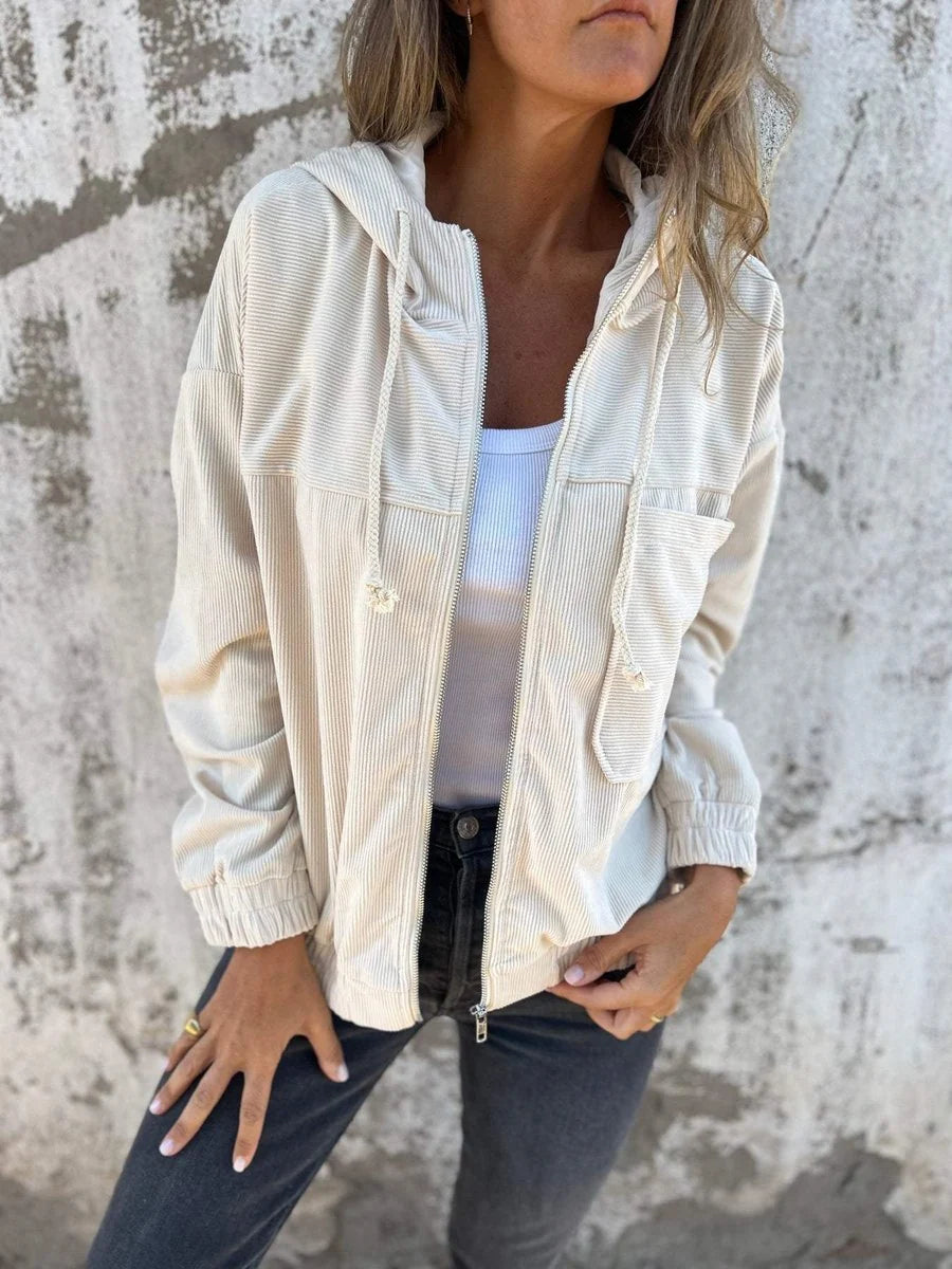 Mia | Damen Cord Kapuzenjacke mit Reißverschluss Oversized Freizeitjacke