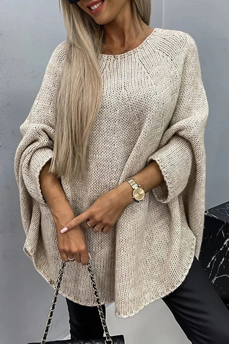 Mia | Damen Oversized Rundhals Knit Sweater mit Fledermausärmeln