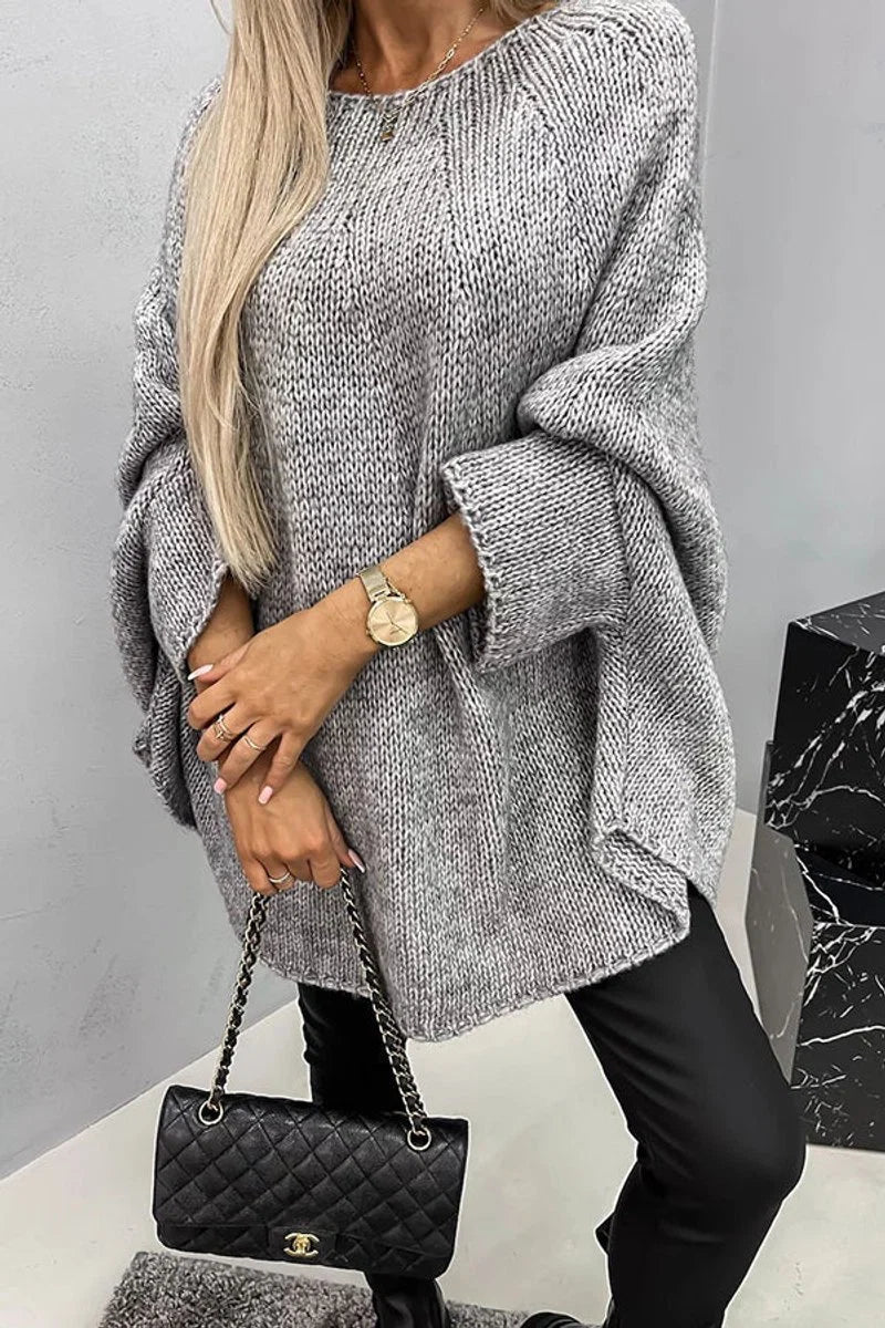 Mia | Damen Oversized Rundhals Knit Sweater mit Fledermausärmeln