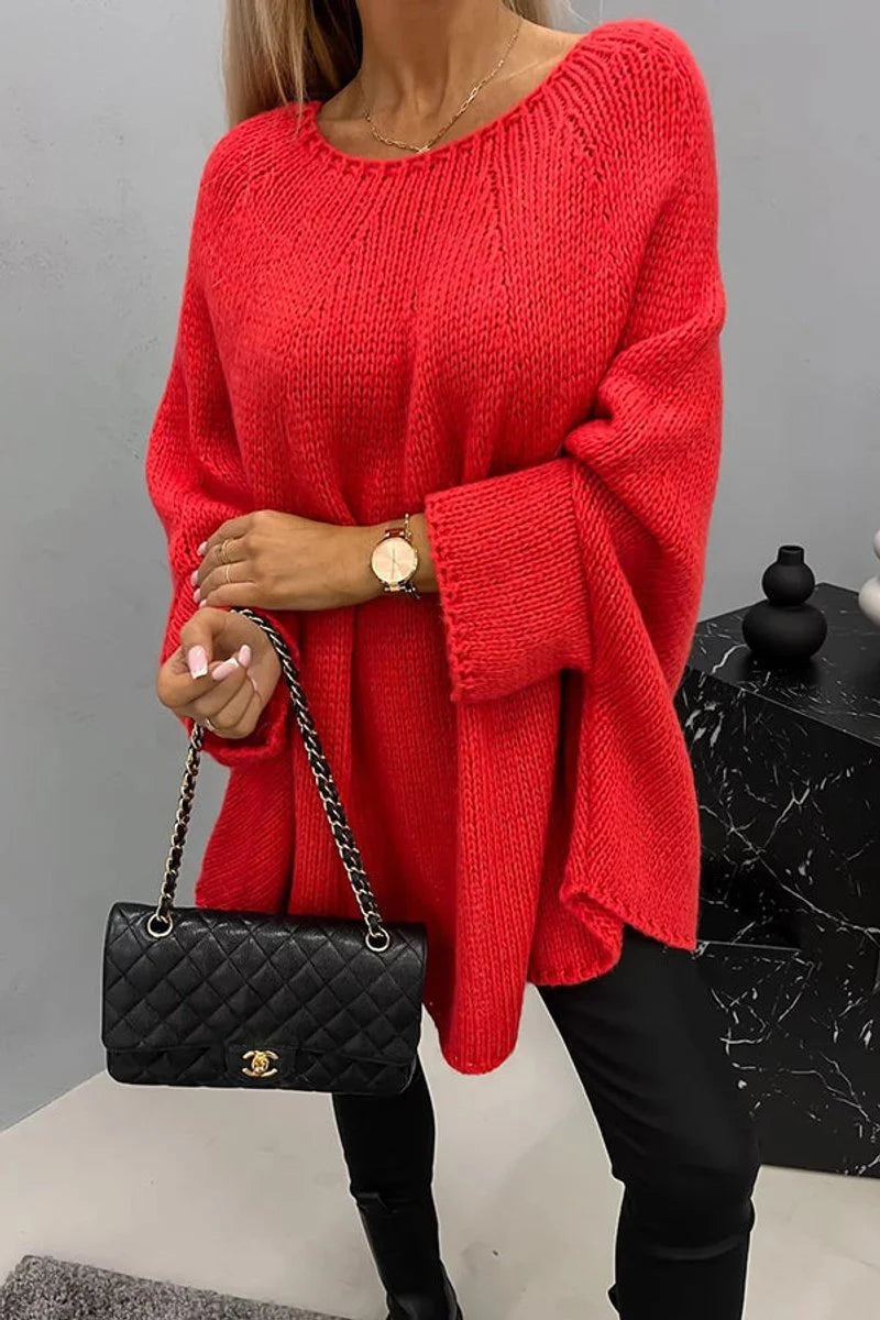 Mia | Damen Oversized Rundhals Knit Sweater mit Fledermausärmeln