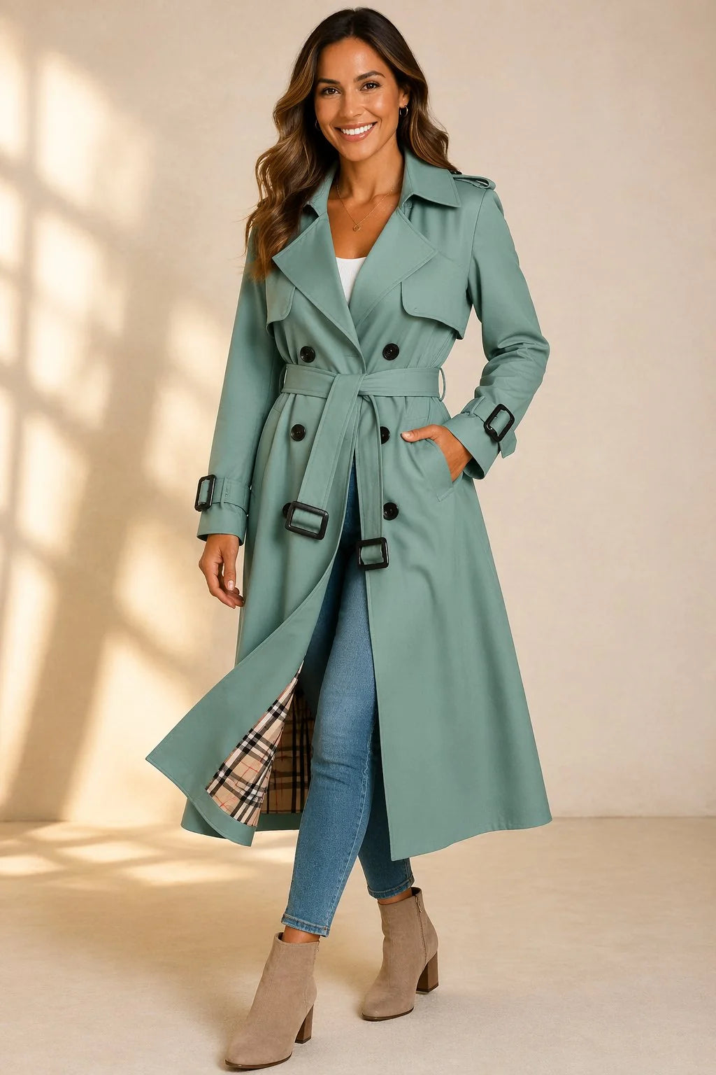 Mia | Damen Zweireihiger Langer Trenchcoat Taillengürtel