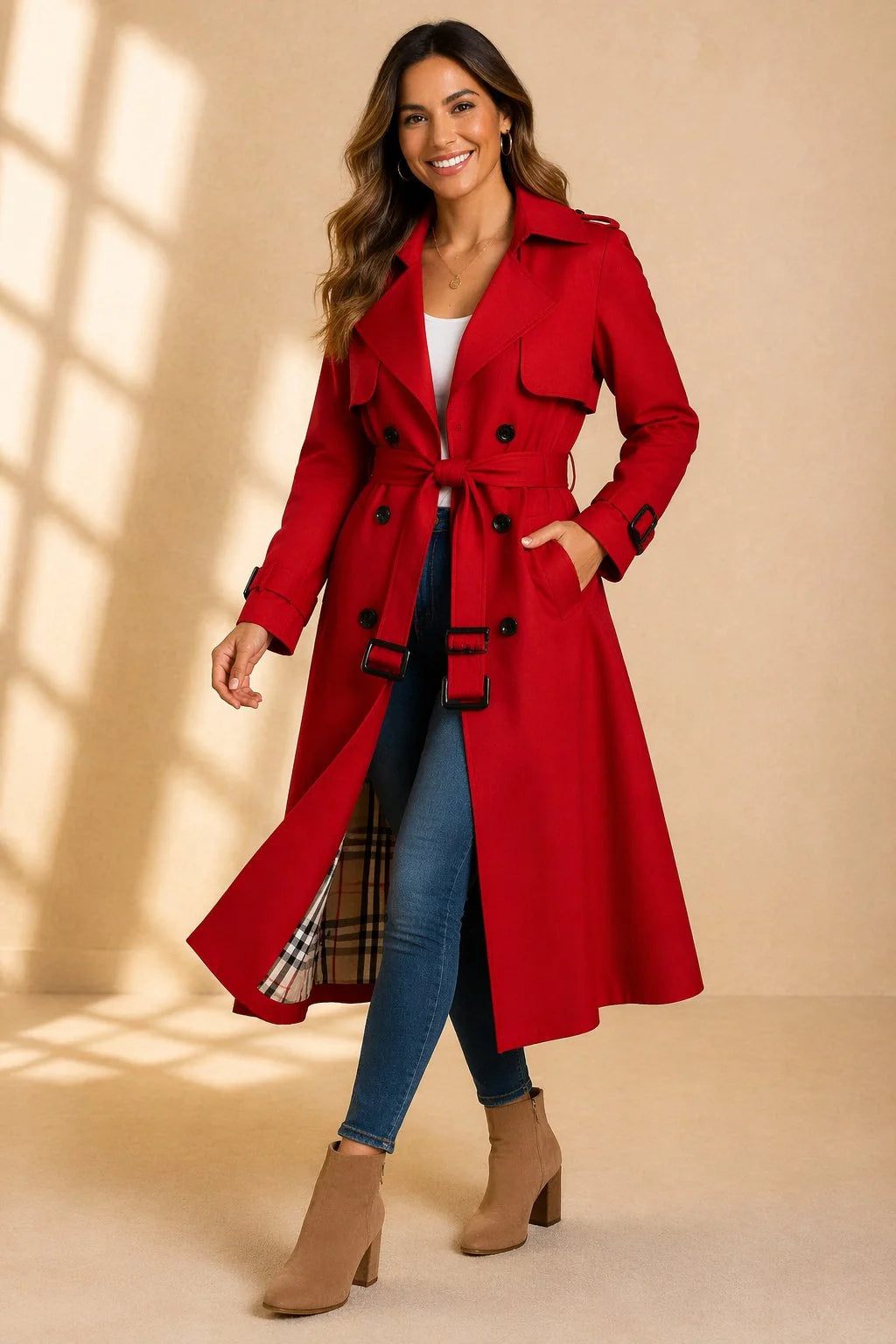Mia | Damen Zweireihiger Langer Trenchcoat Taillengürtel