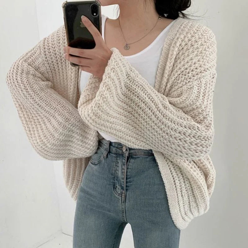 Nuana Carmen | Damen Freizeit-Strickjacke mit grobem Strick und offener Vorderseite