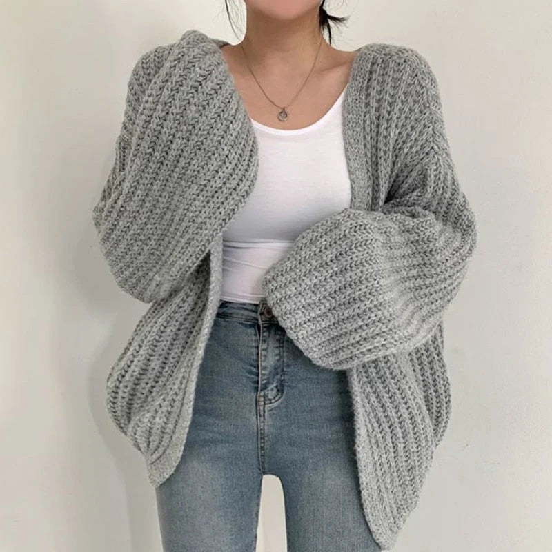 Nuana Carmen | Damen Freizeit-Strickjacke mit grobem Strick und offener Vorderseite