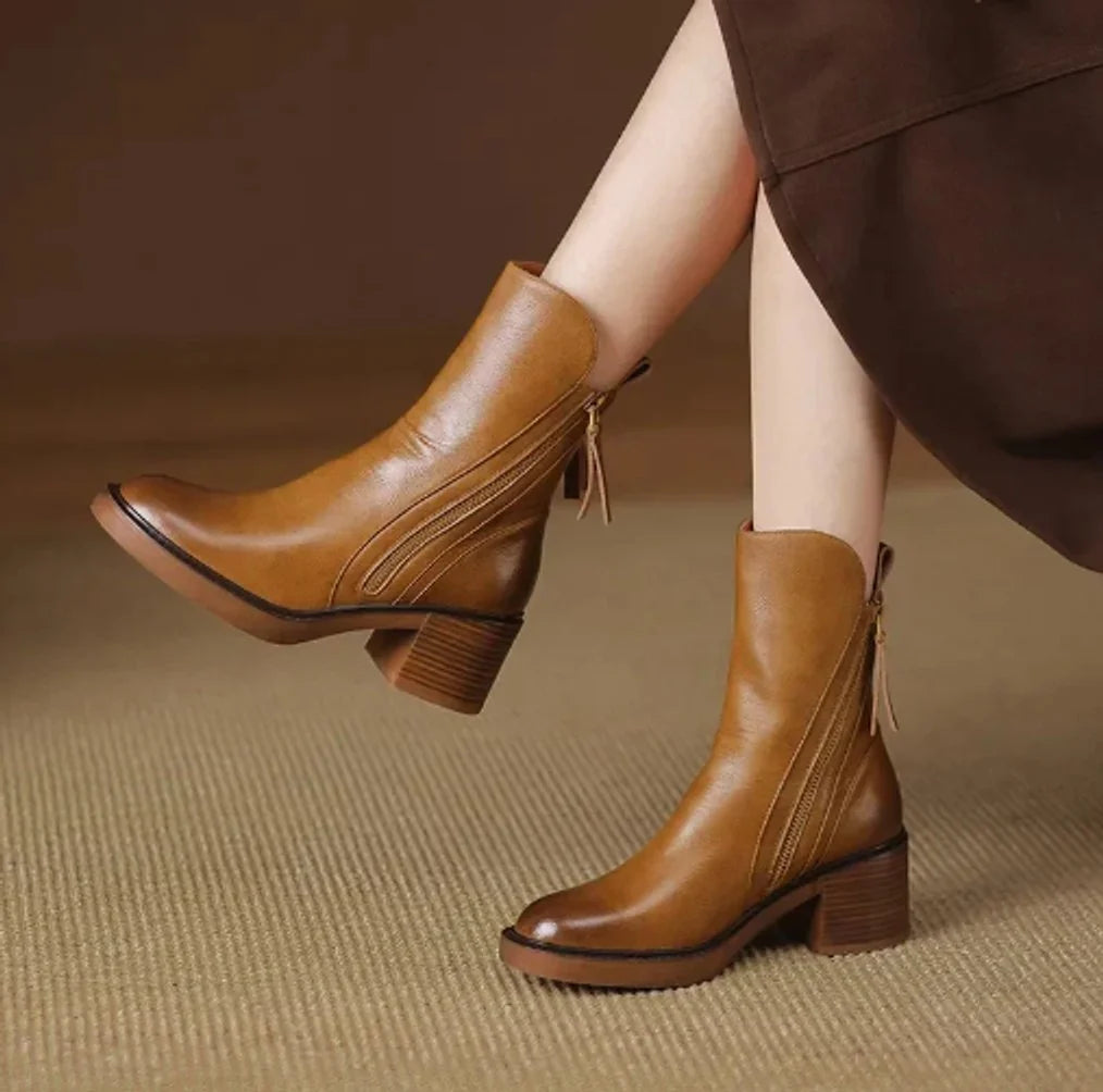 Nuana Charlotte Damen Leder Ankle Boots mit Blockabsatz