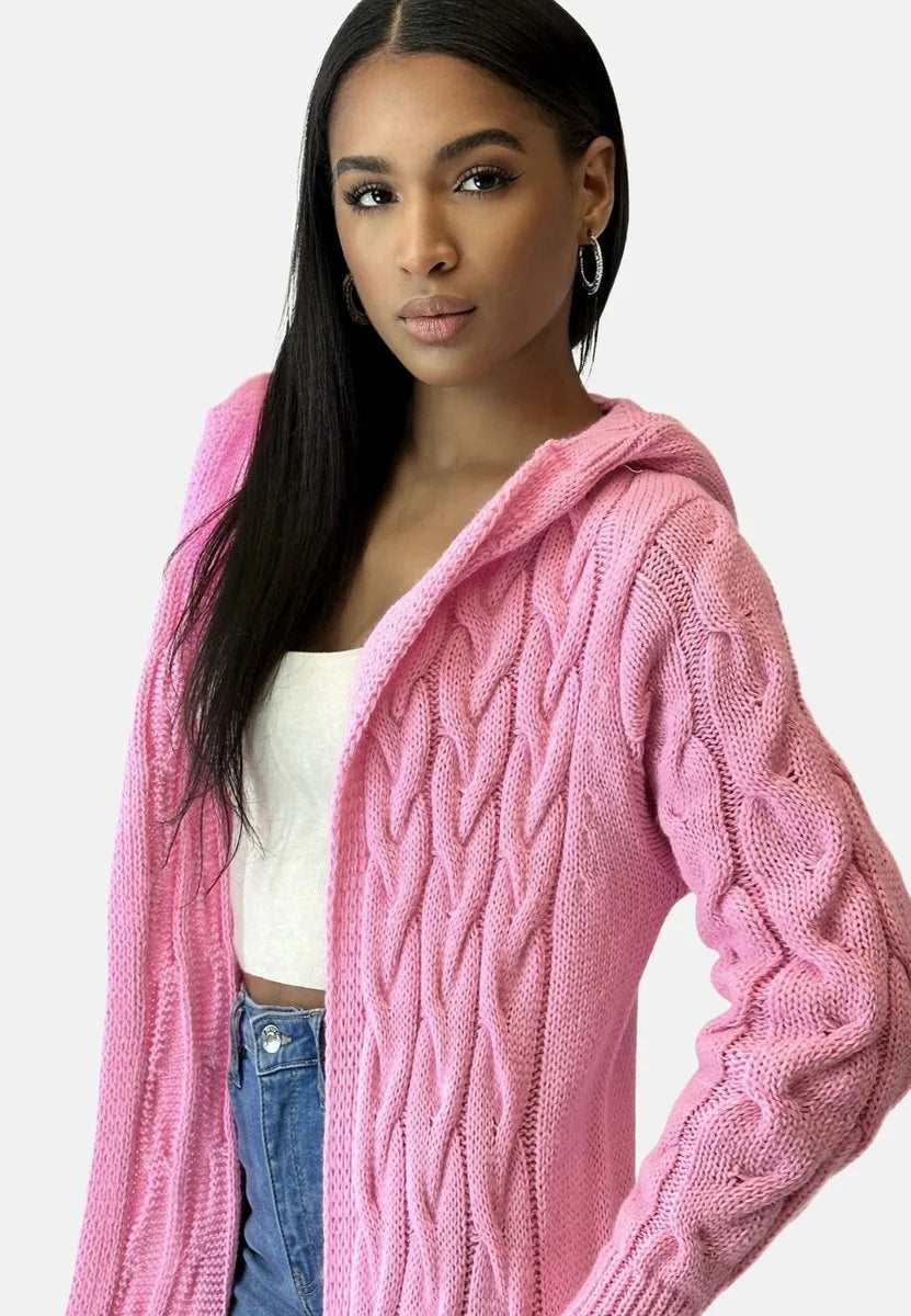 Nuana Charlotte Lange Strickjacke Damen mit Kapuze Grobstrick Oversize Cardigan