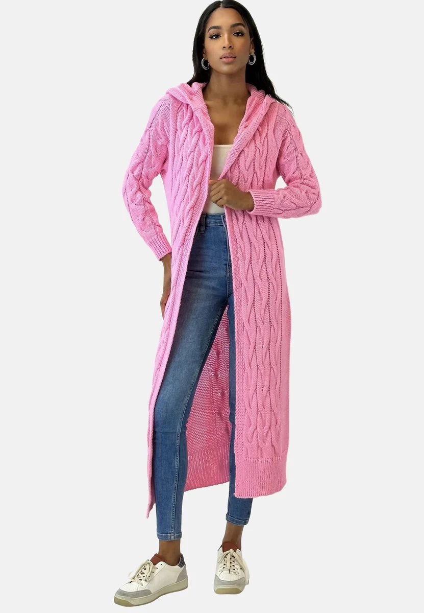 Nuana Charlotte Lange Strickjacke Damen mit Kapuze Grobstrick Oversize Cardigan