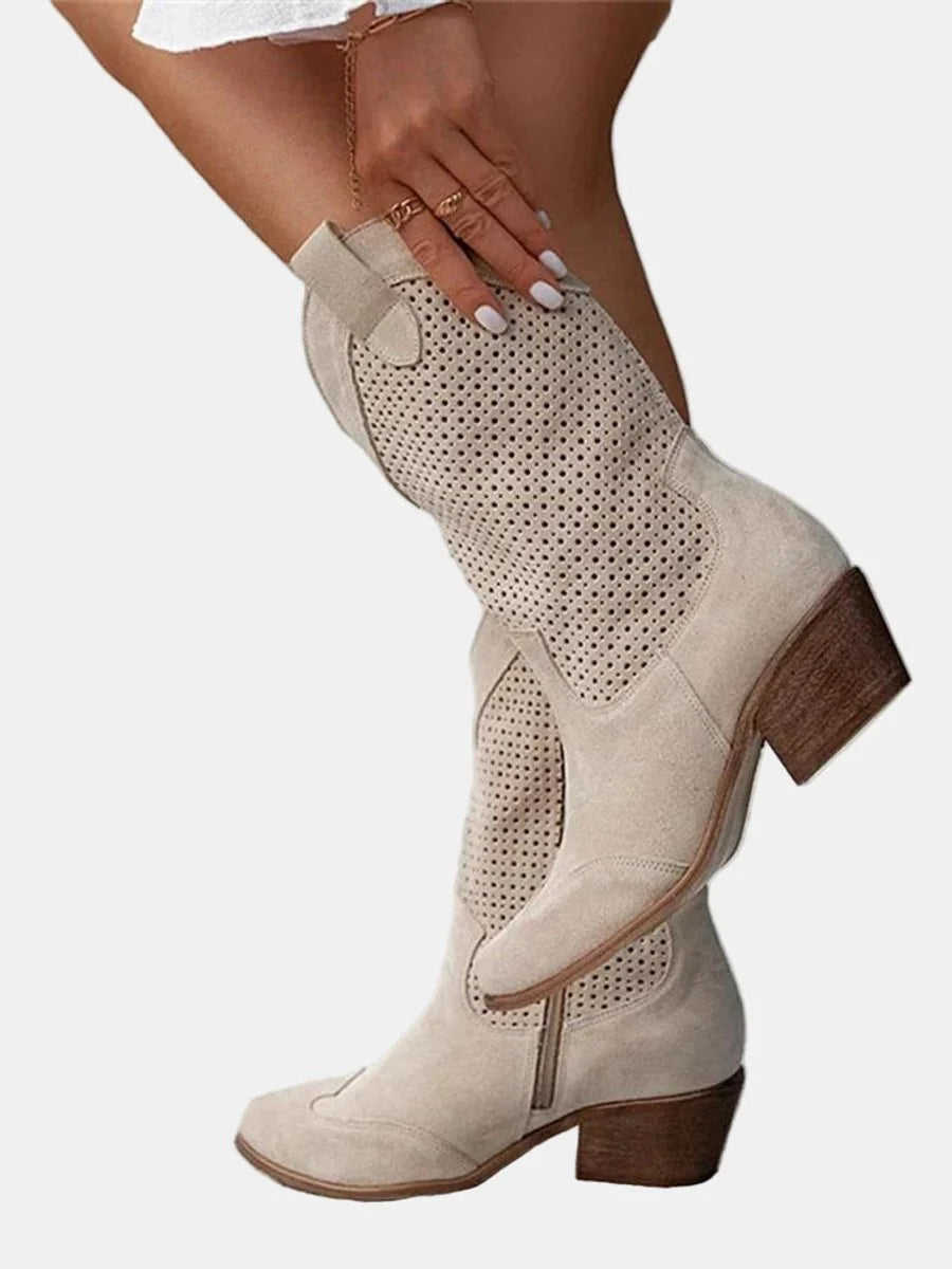 Nuana Clara | Damen Perforierte Knee High Boots Blockabsatz Wildlederoptik