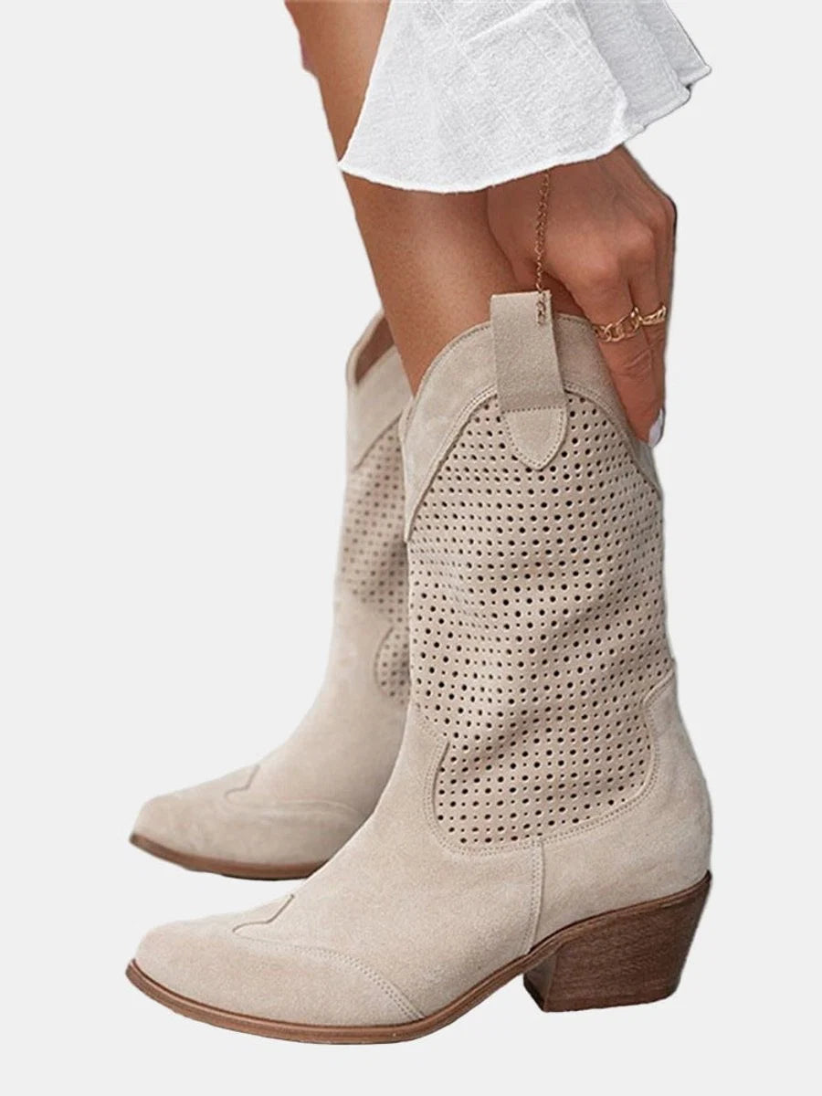 Nuana Clara | Damen Perforierte Knee High Boots Blockabsatz Wildlederoptik