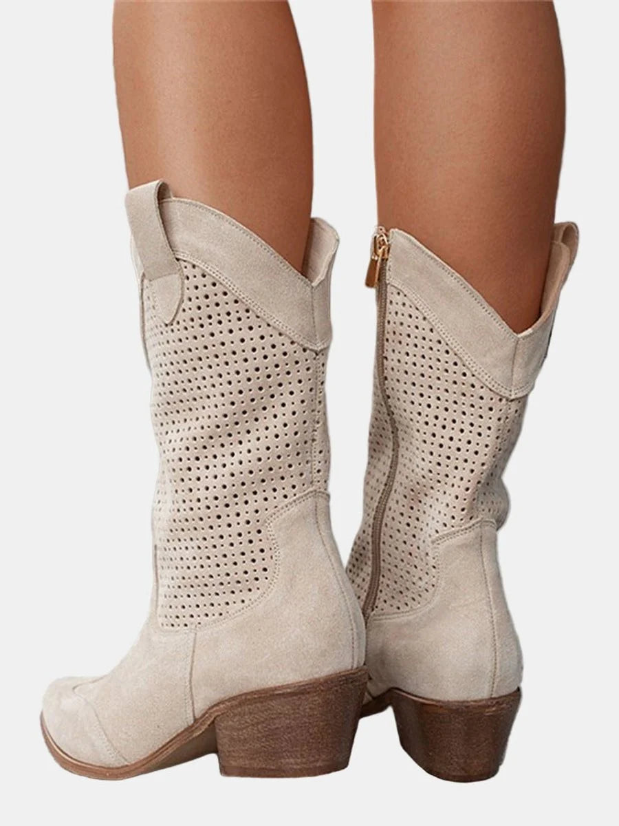 Nuana Clara | Damen Perforierte Knee High Boots Blockabsatz Wildlederoptik