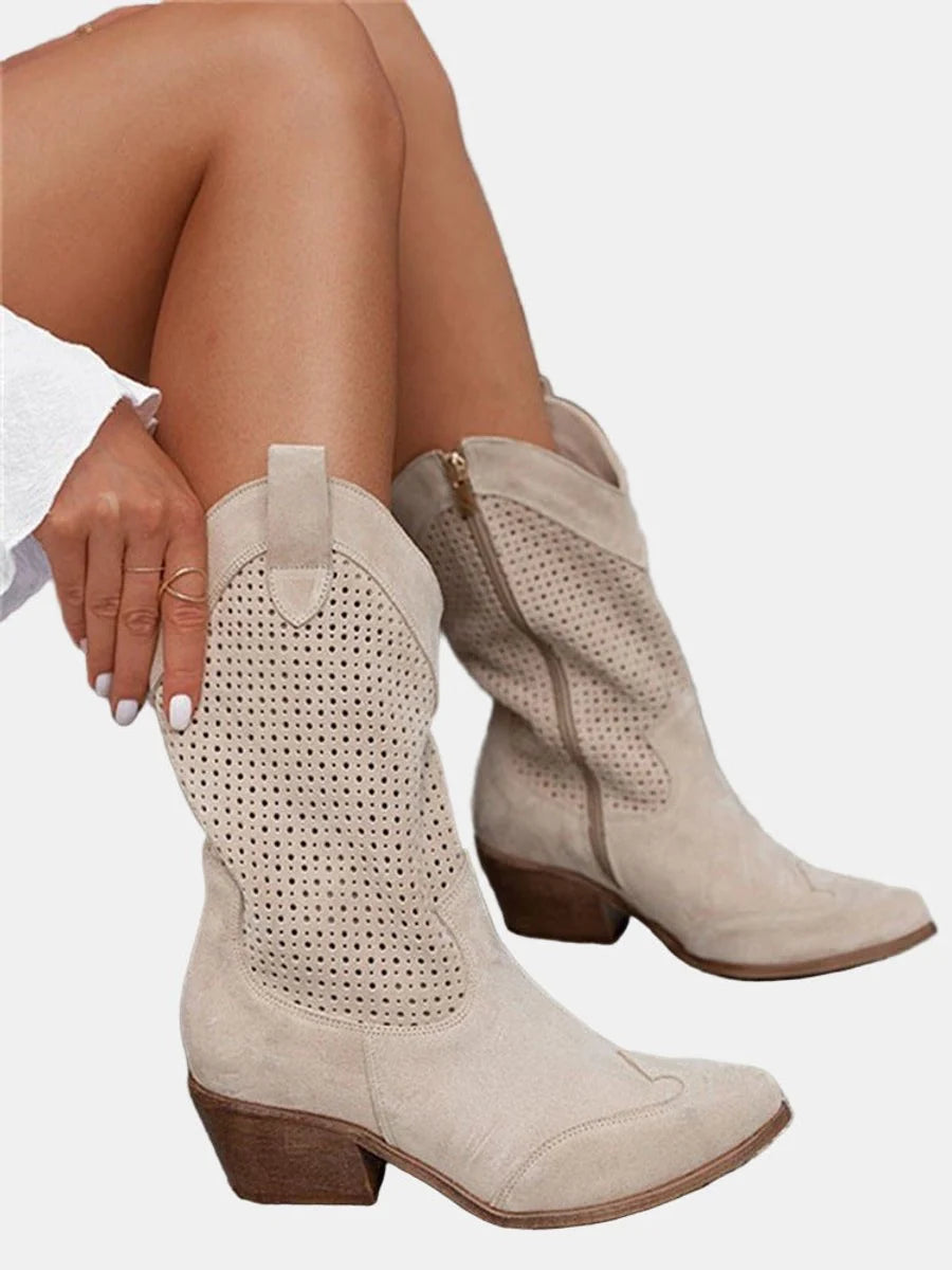 Nuana Clara | Damen Perforierte Knee High Boots Blockabsatz Wildlederoptik