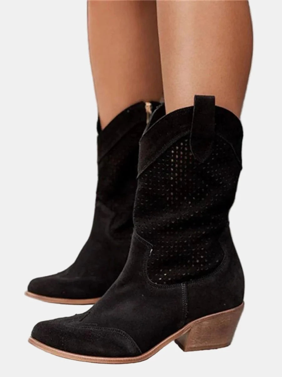 Nuana Clara | Damen Perforierte Knee High Boots Blockabsatz Wildlederoptik