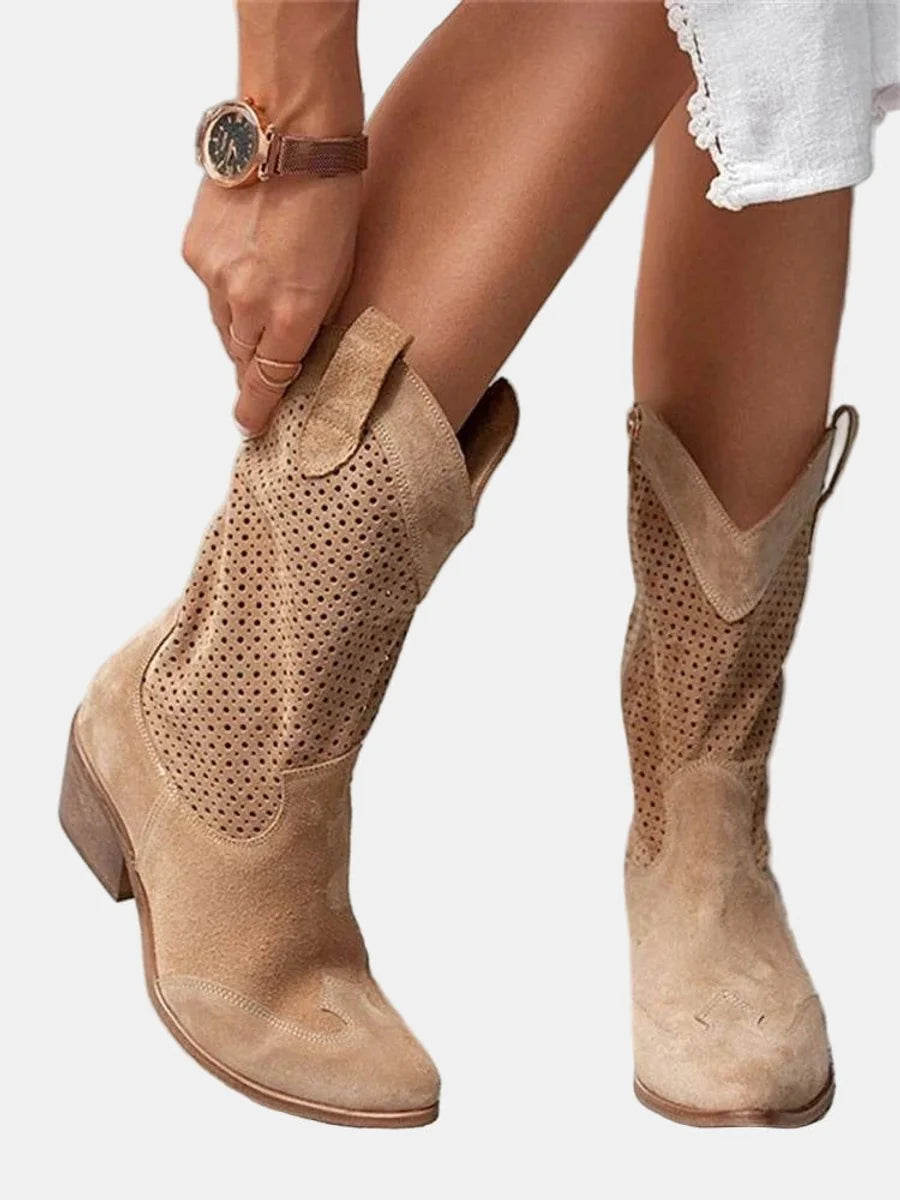 Nuana Clara | Damen Perforierte Knee High Boots Blockabsatz Wildlederoptik