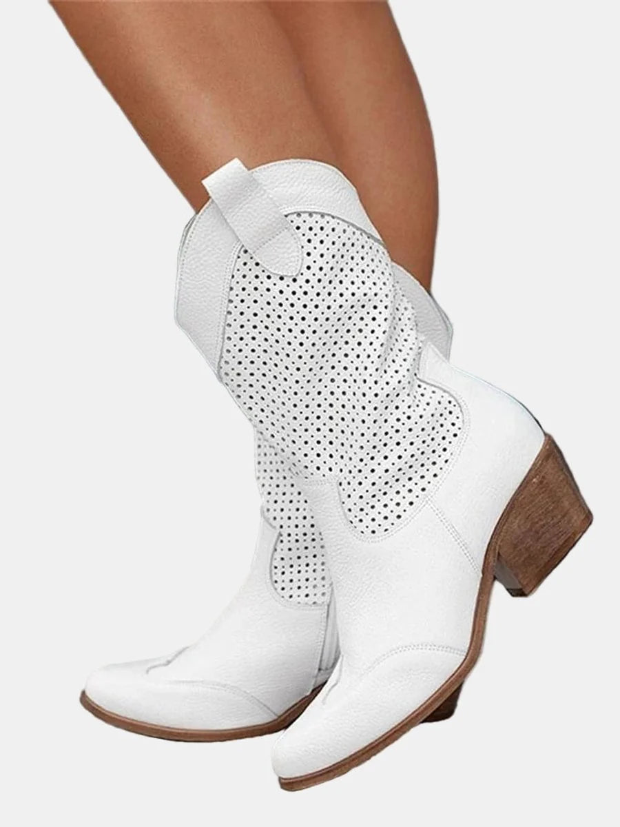 Nuana Clara | Damen Perforierte Knee High Boots Blockabsatz Wildlederoptik