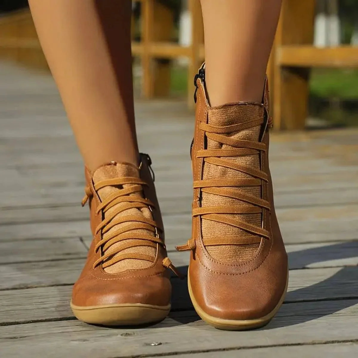 Nuana | Damen Ankle Boots Flache Schnür-Stiefeletten mit Reißverschluss