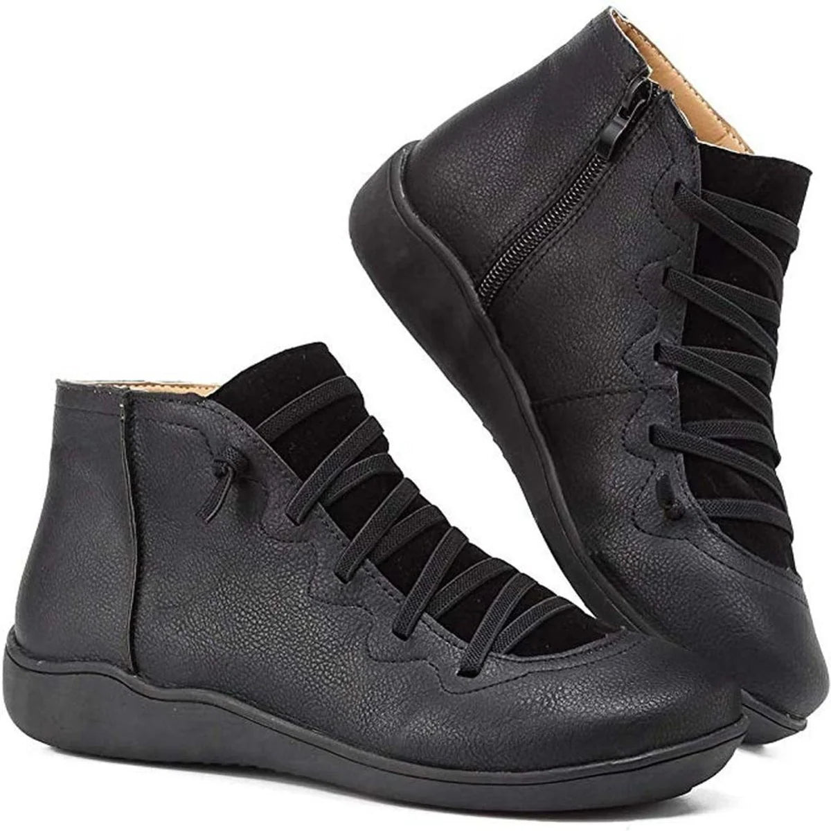 Nuana | Damen Ankle Boots Flache Schnür-Stiefeletten mit Reißverschluss