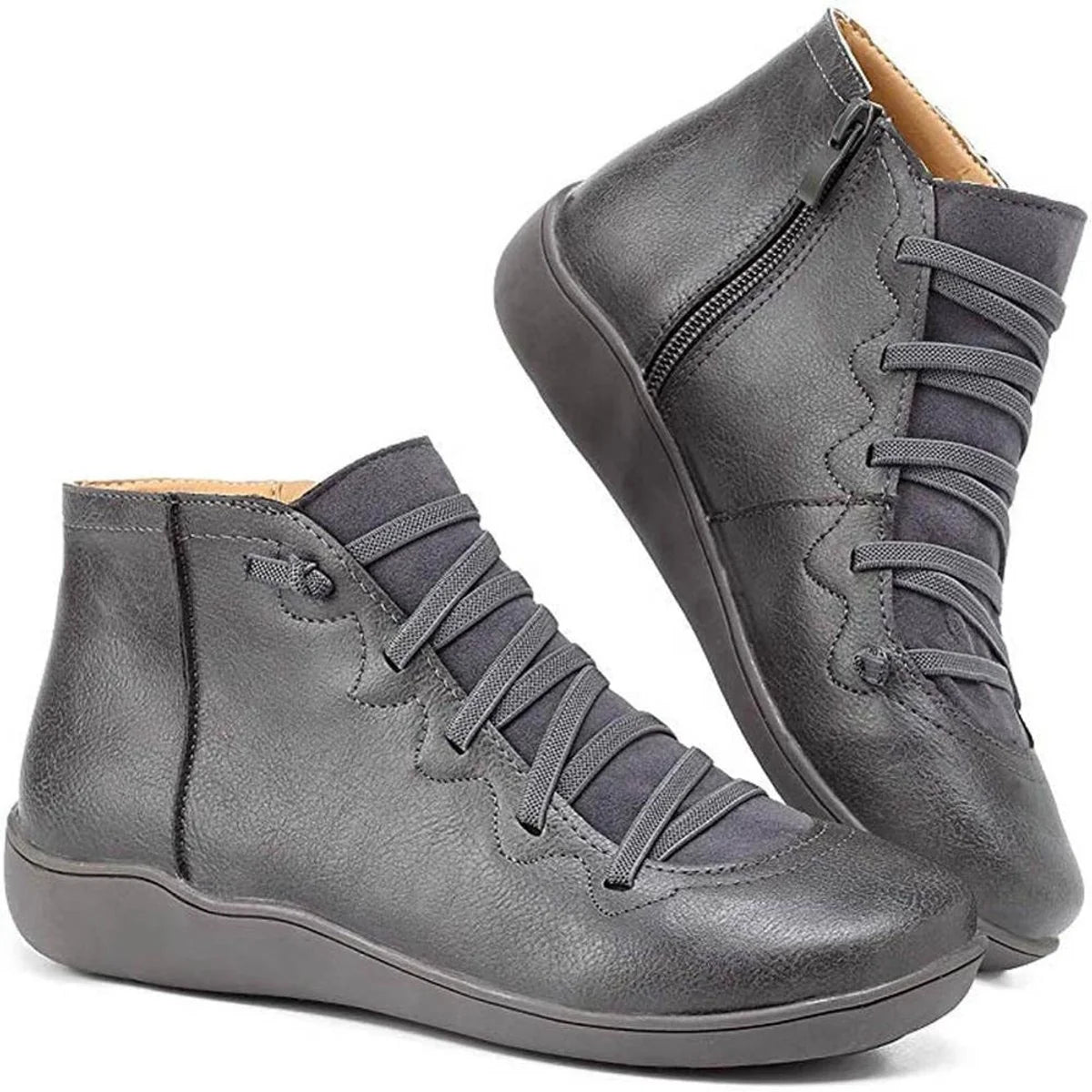 Nuana | Damen Ankle Boots Flache Schnür-Stiefeletten mit Reißverschluss