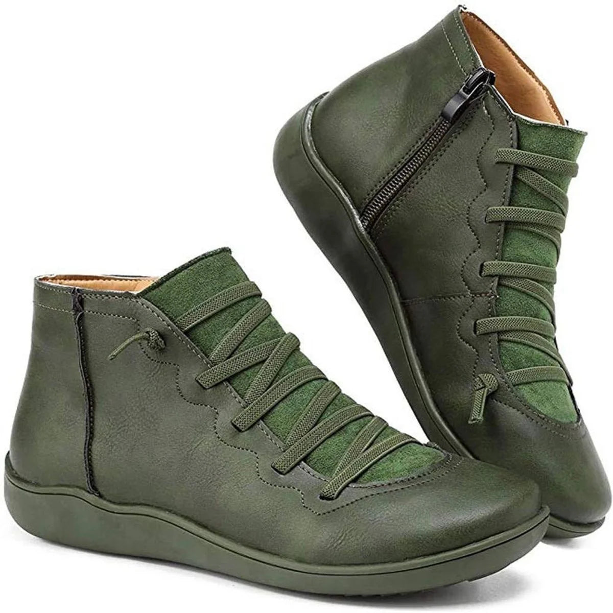 Nuana | Damen Ankle Boots Flache Schnür-Stiefeletten mit Reißverschluss