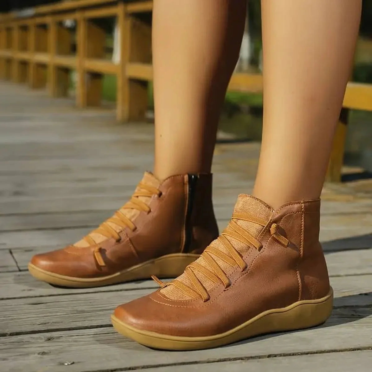 Nuana | Damen Ankle Boots Flache Schnür-Stiefeletten mit Reißverschluss