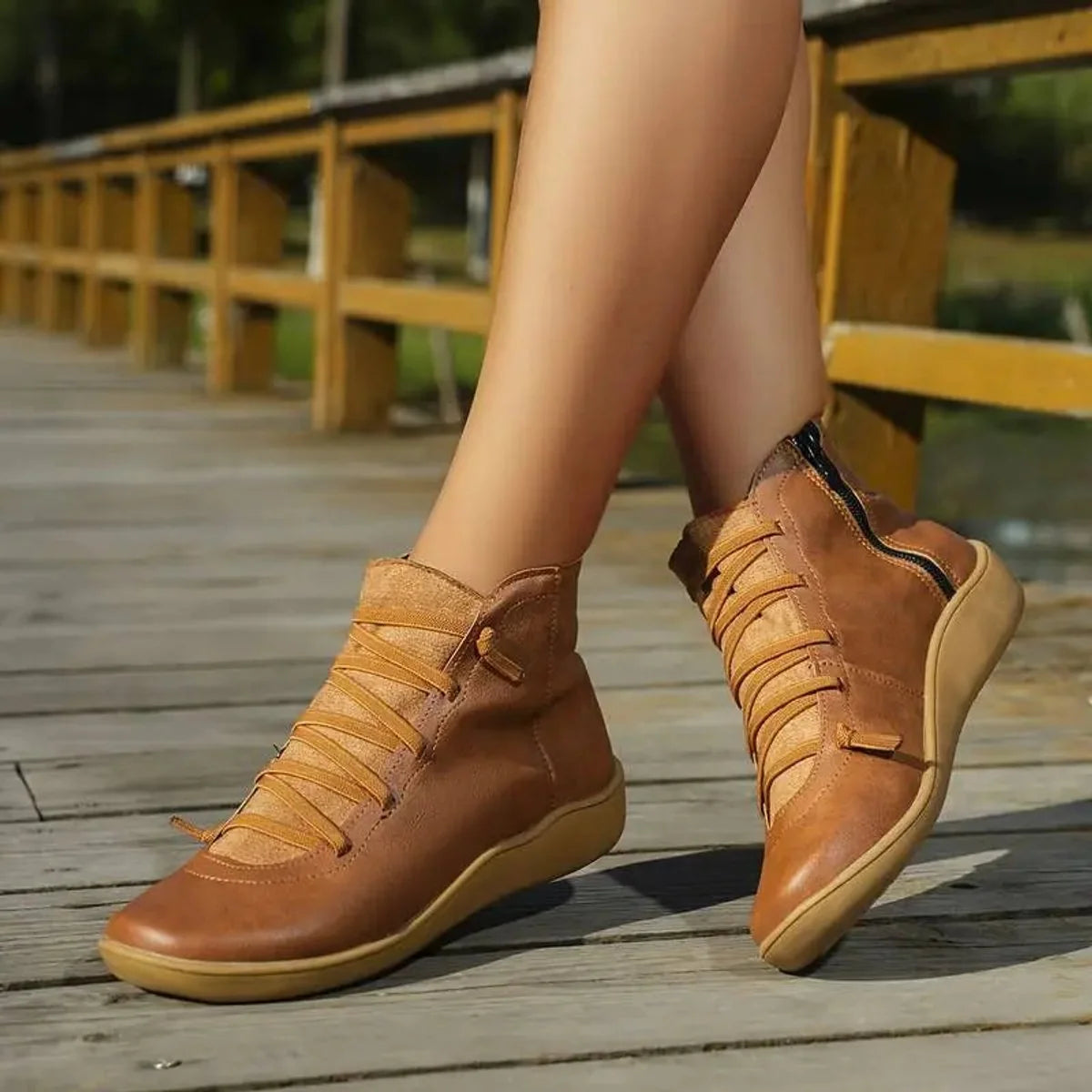 Nuana | Damen Ankle Boots Flache Schnür-Stiefeletten mit Reißverschluss