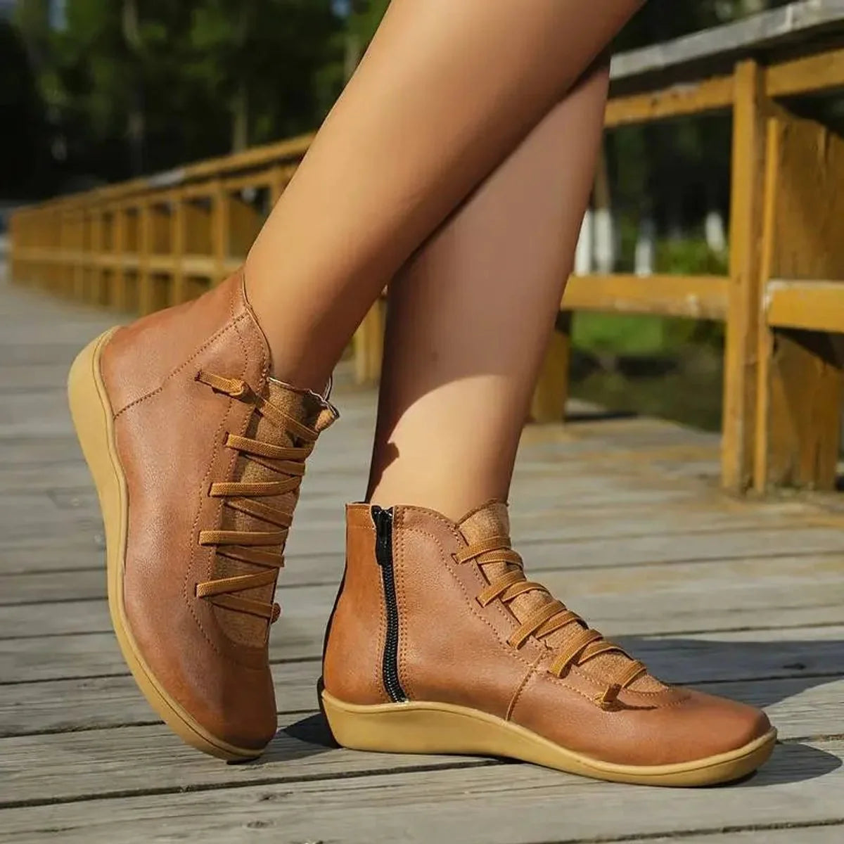 Nuana | Damen Ankle Boots Flache Schnür-Stiefeletten mit Reißverschluss