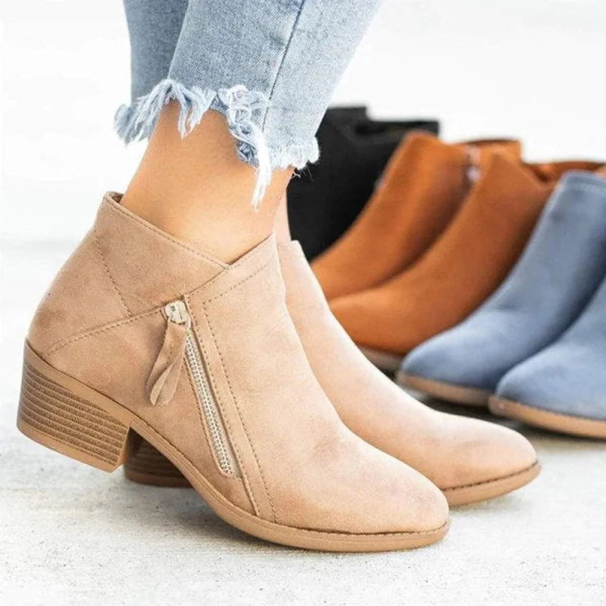 Nuana | Damen Ankle Boots Niedriger Absatz Reißverschluss Stiefeletten