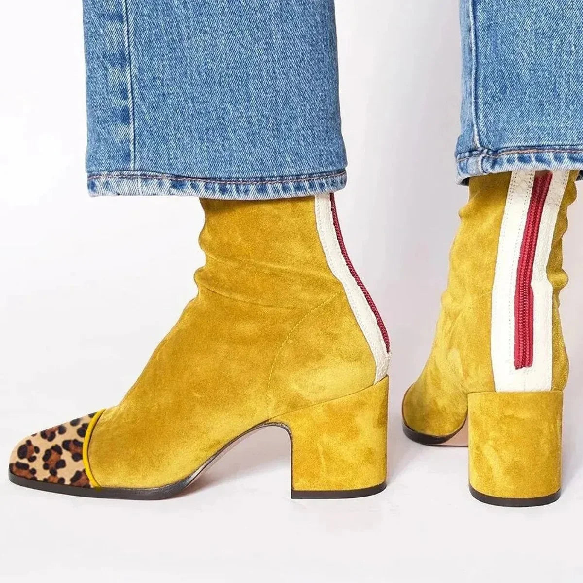 Nuana | Damen Ankle Boots Velours Blockabsatz Leopardenmuster Kappe Reißverschluss