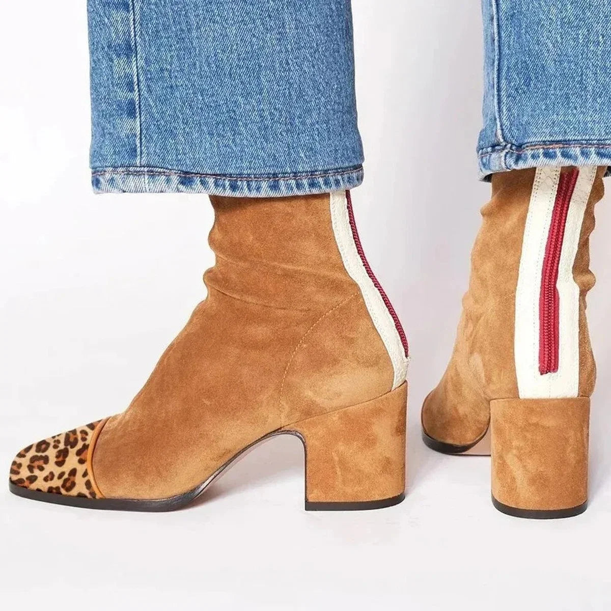 Nuana | Damen Ankle Boots Velours Blockabsatz Leopardenmuster Kappe Reißverschluss