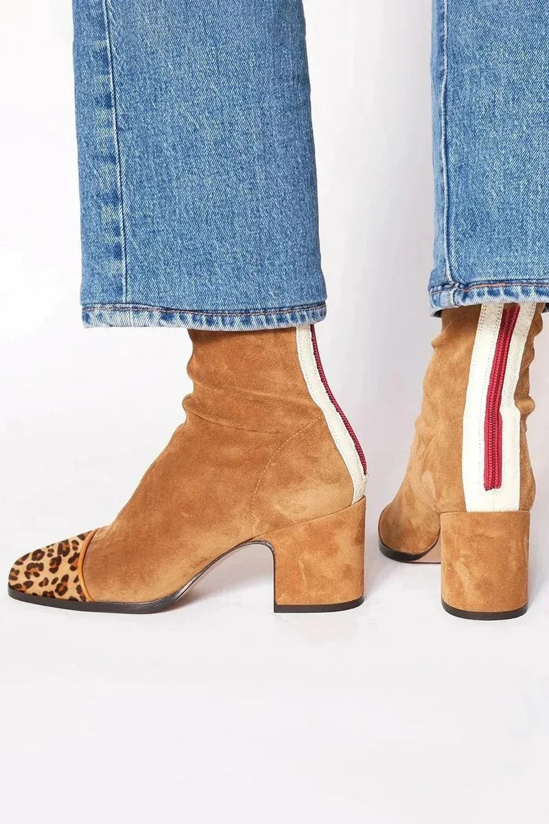 Nuana | Damen Ankle Boots Velours Blockabsatz Leopardenmuster Kappe Reißverschluss