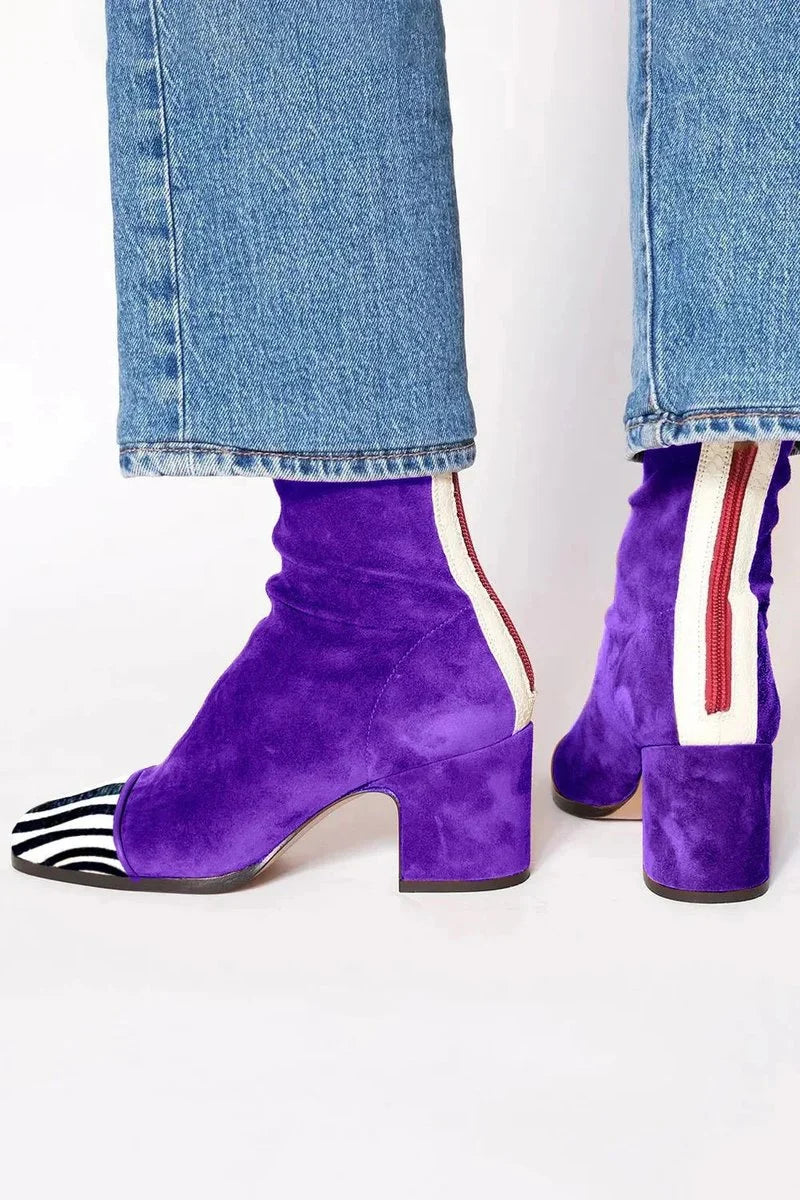 Nuana | Damen Ankle Boots Velours Blockabsatz Leopardenmuster Kappe Reißverschluss