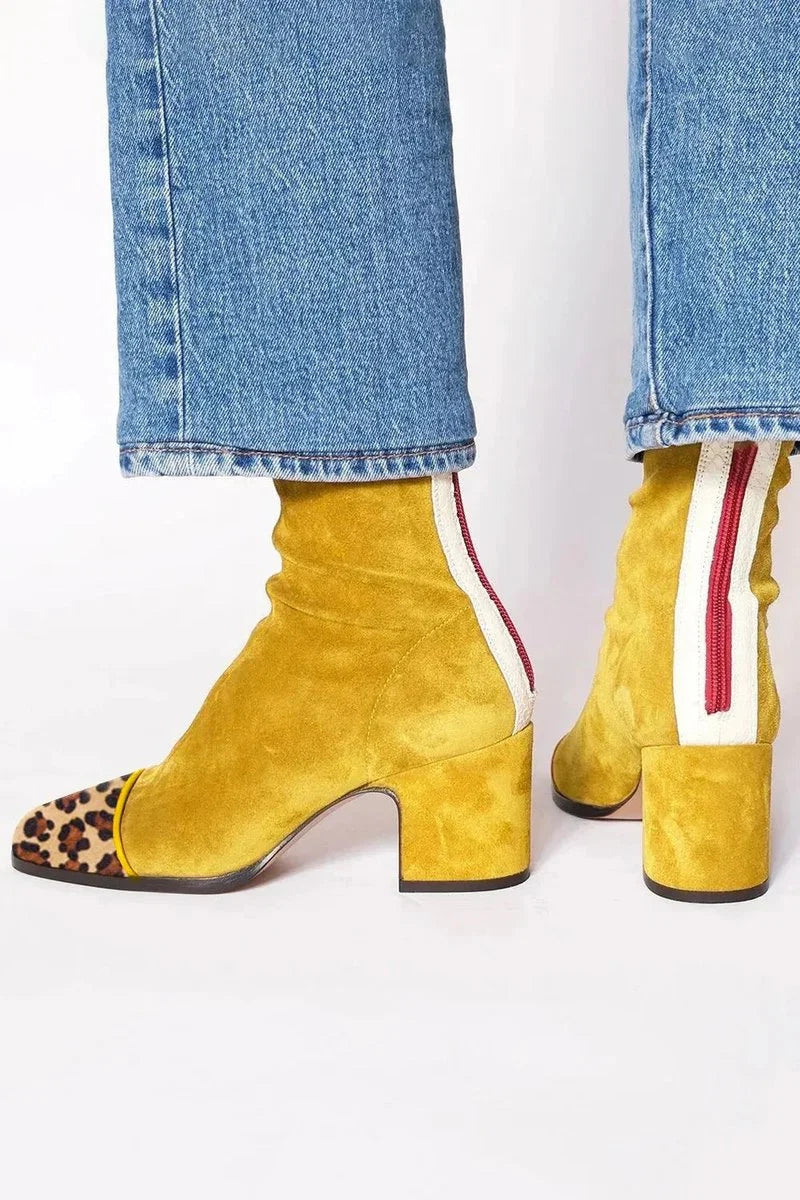 Nuana | Damen Ankle Boots Velours Blockabsatz Leopardenmuster Kappe Reißverschluss