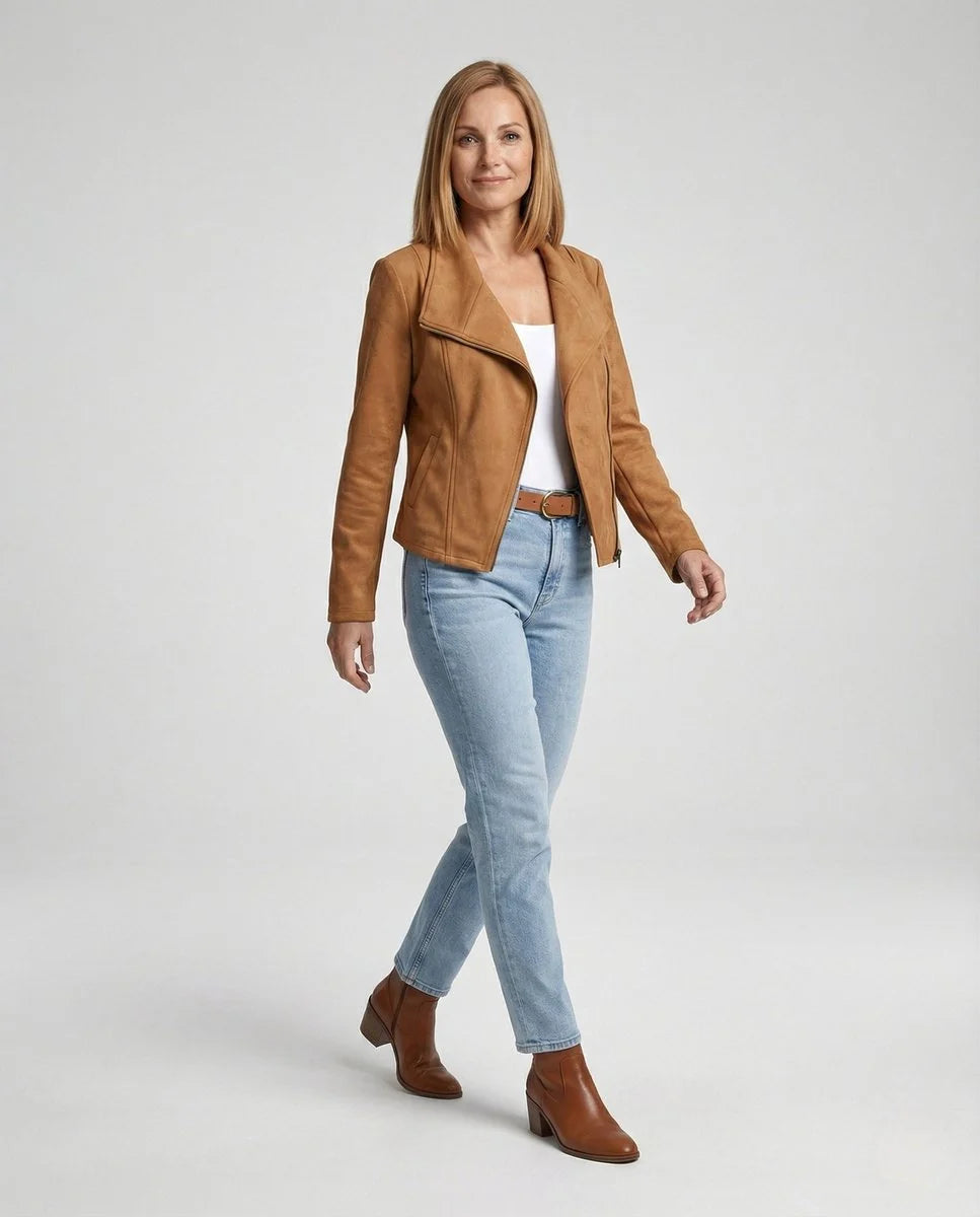 Nuana | Damen Bikerjacke Kunstleder Wildlook asymmetrischer Reißverschluss