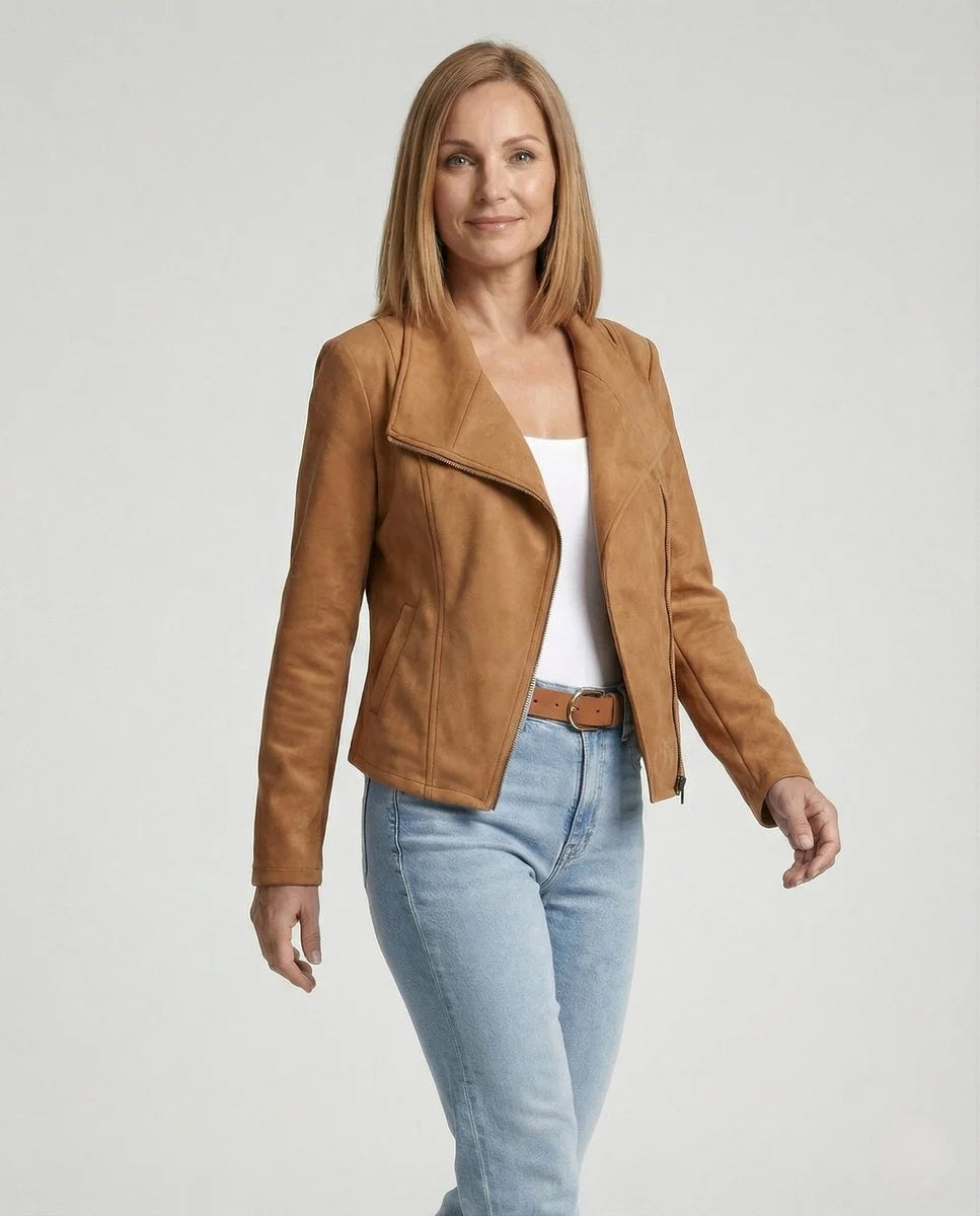 Nuana | Damen Bikerjacke Kunstleder Wildlook asymmetrischer Reißverschluss