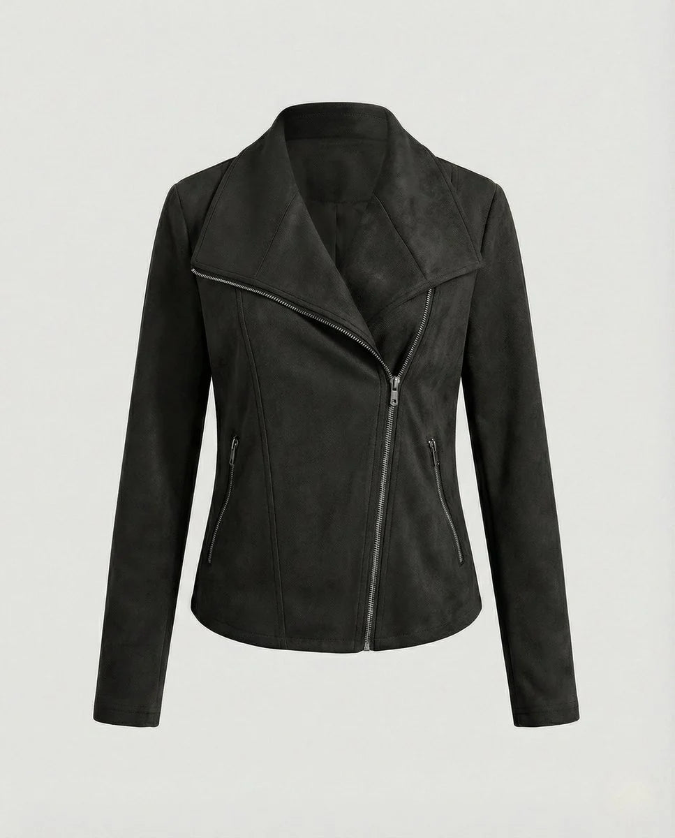 Nuana | Damen Bikerjacke Kunstleder Wildlook asymmetrischer Reißverschluss