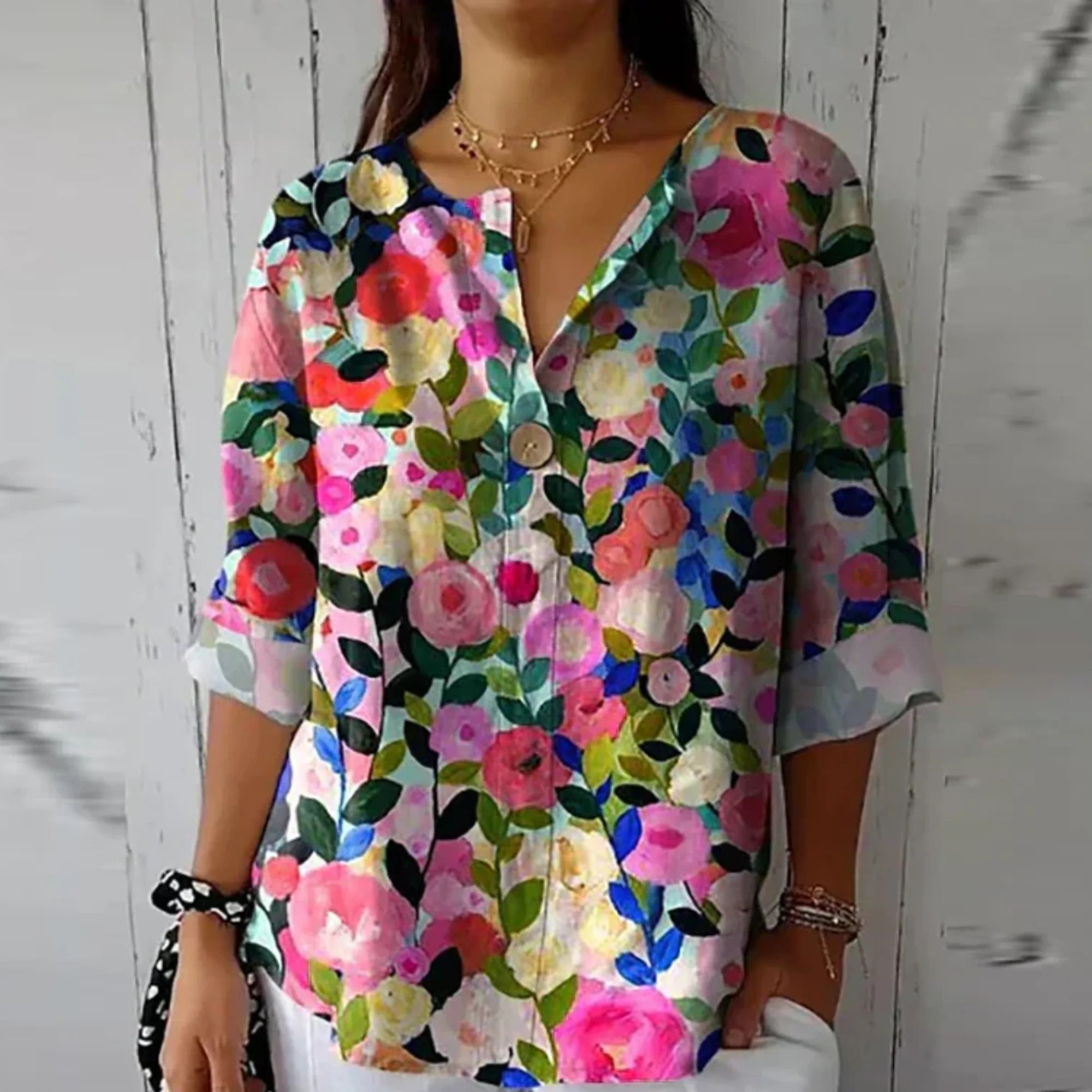 Nuana | Damen Blumenprint V-Ausschnitt Casual Top