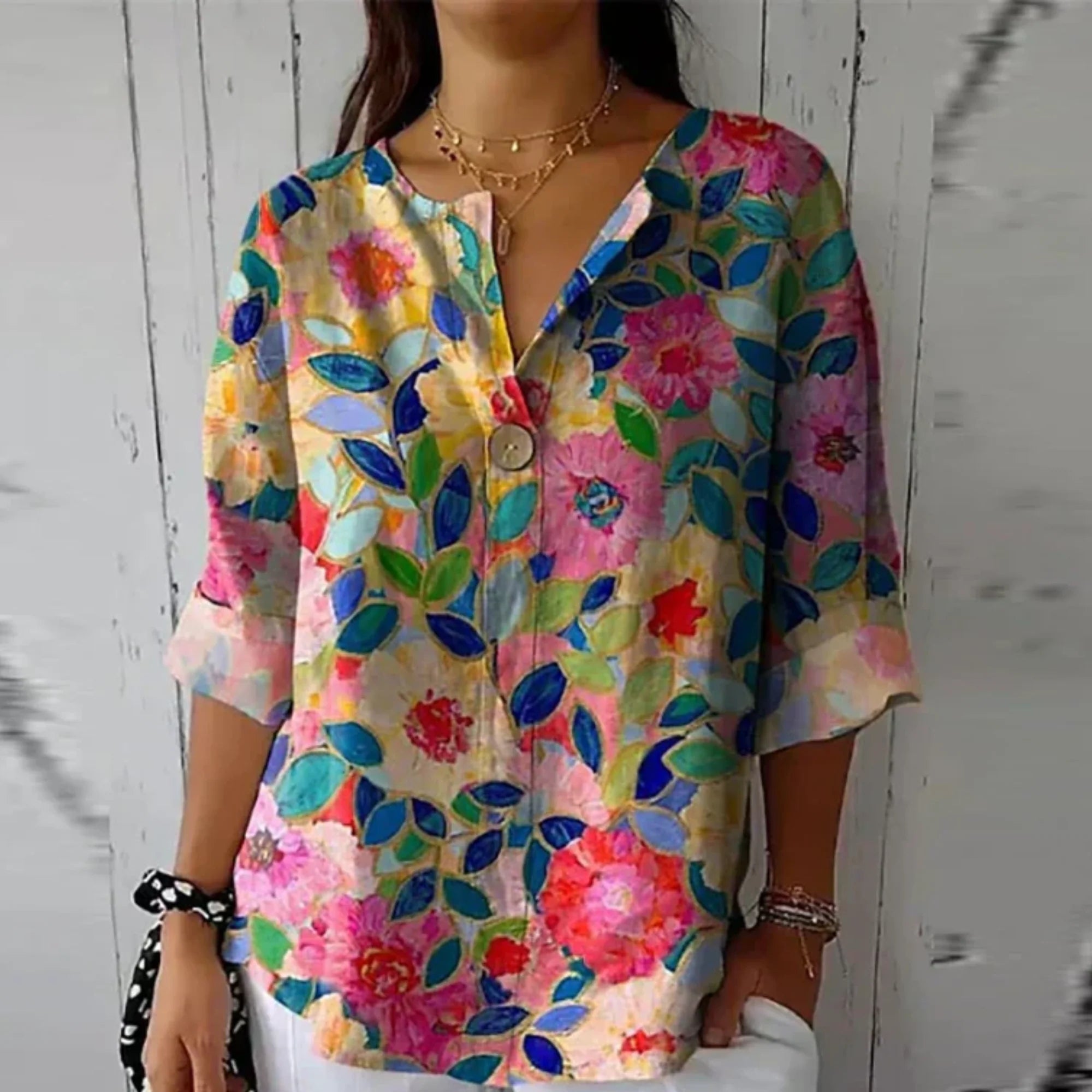 Nuana | Damen Blumenprint V-Ausschnitt Casual Top