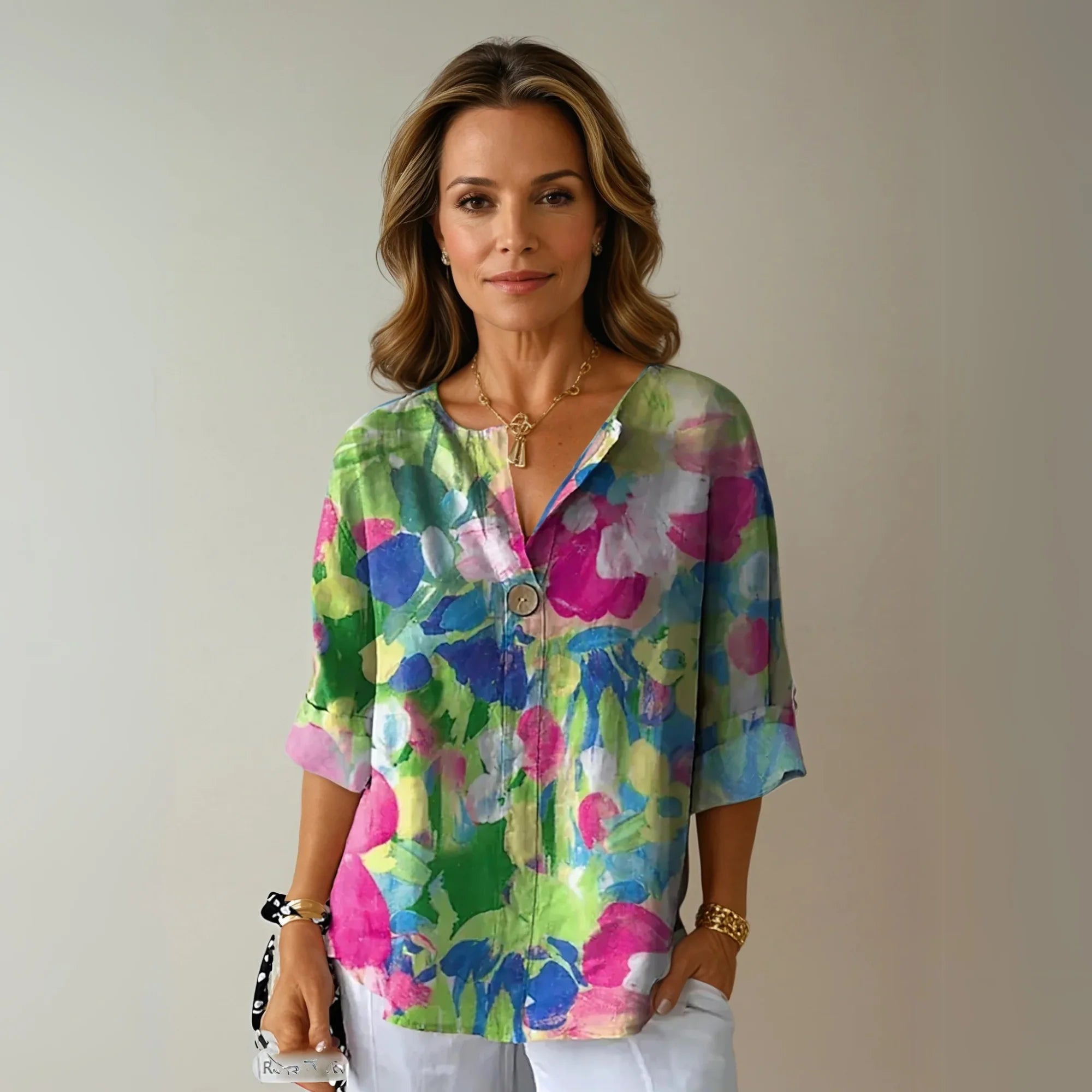 Nuana | Damen Blumenprint V-Ausschnitt Casual Top