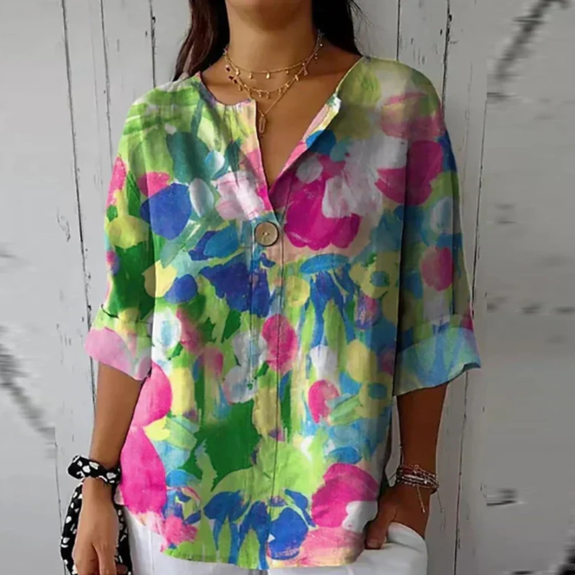 Nuana | Damen Blumenprint V-Ausschnitt Casual Top