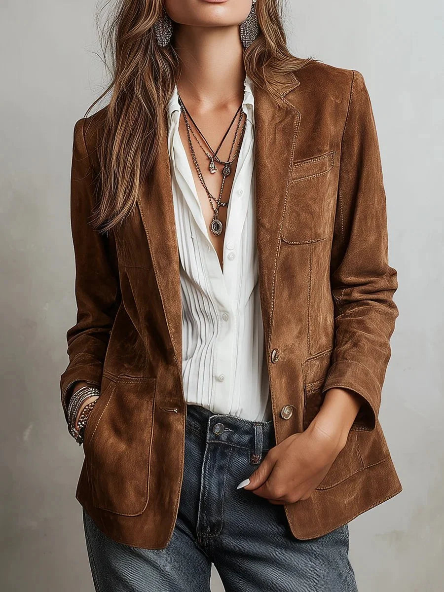 Nuana | Damen Cardigan Blazer Kunstwildleder Tailored-Fit Knopfleiste