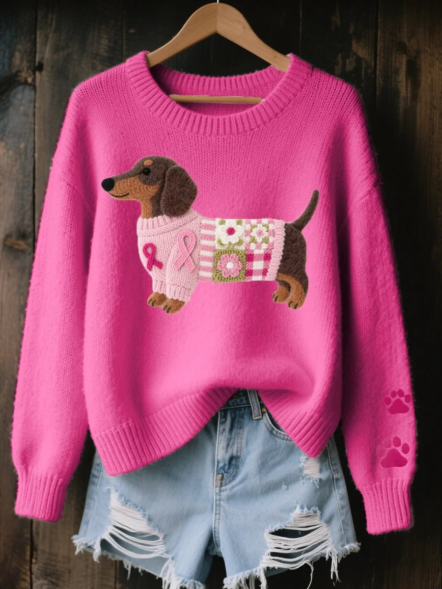 Nuana | Damen Dackel Patchwork Strickpullover mit Pfotenabdruck-Detail