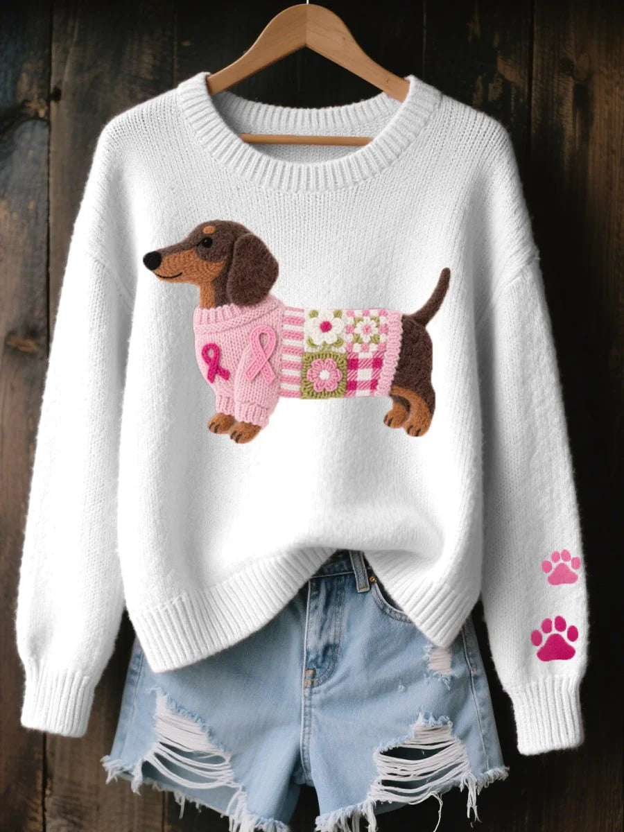 Nuana | Damen Dackel Patchwork Strickpullover mit Pfotenabdruck-Detail