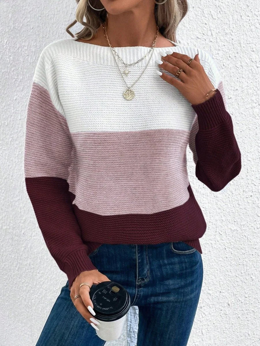 Nuana | Damen Farbblock Strickpullover Rundhals Relaxed Fit Langarm