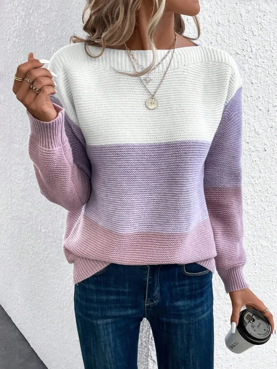 Nuana | Damen Farbblock Strickpullover Rundhals Relaxed Fit Langarm