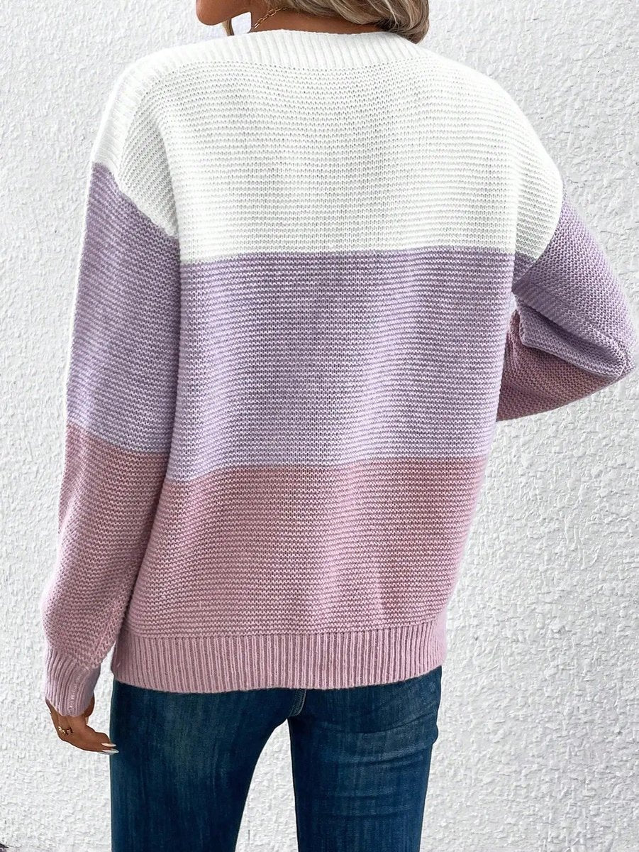 Nuana | Damen Farbblock Strickpullover Rundhals Relaxed Fit Langarm