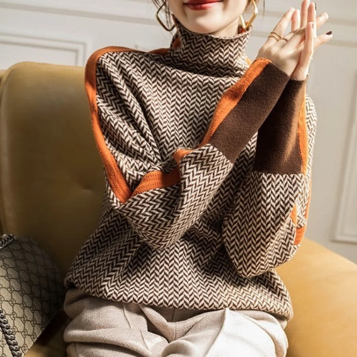 Nuana | Damen Fischgrat-Turtleneck Sweater Rollkragen Oversized Pullover