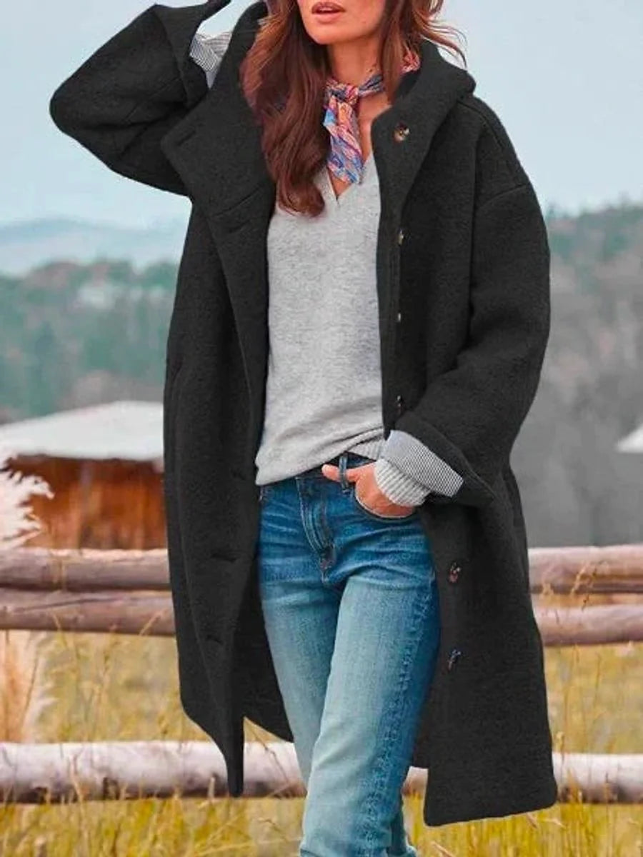 Nuana | Damen Fleece Mantel mit Kapuze Langarm Knopfleiste Women Coat