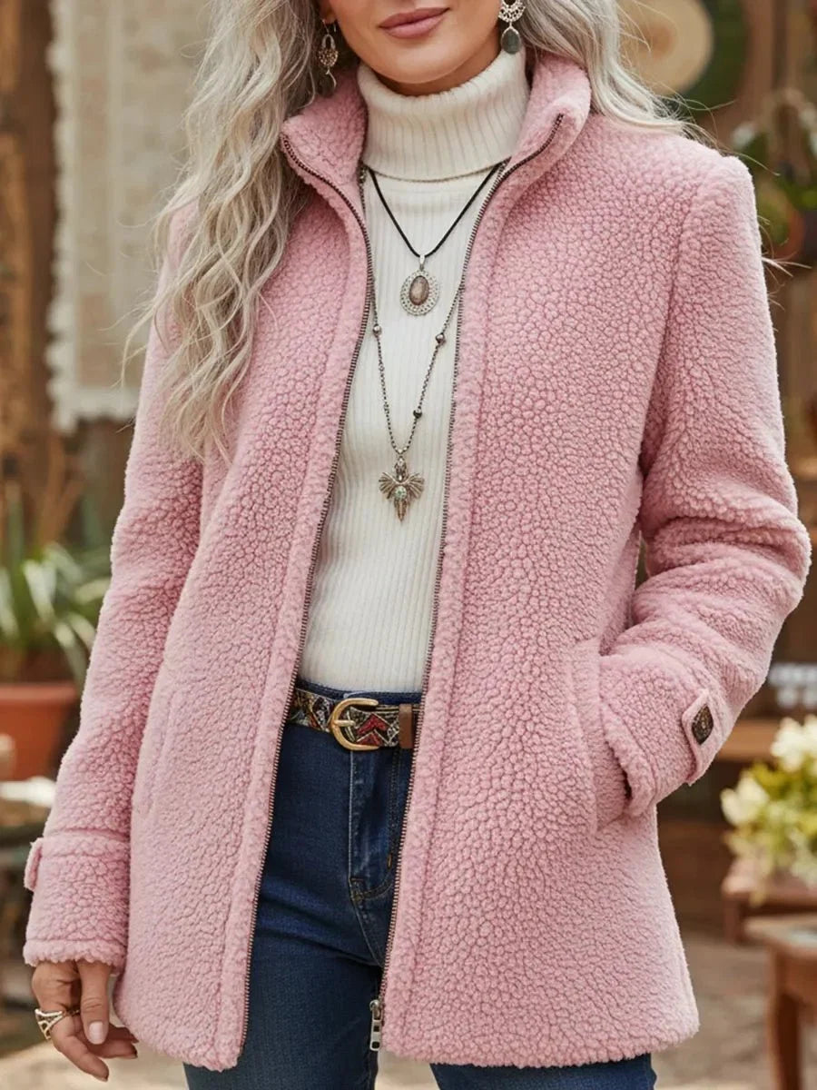 Nuana Damen Fleece Mantel Stehkragen Reißverschluss Lammwoll-Optik