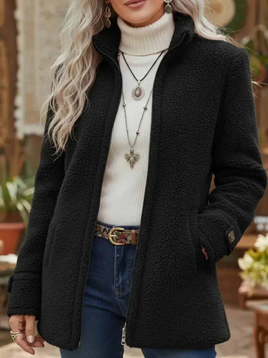 Nuana Damen Fleece Mantel Stehkragen Reißverschluss Lammwoll-Optik
