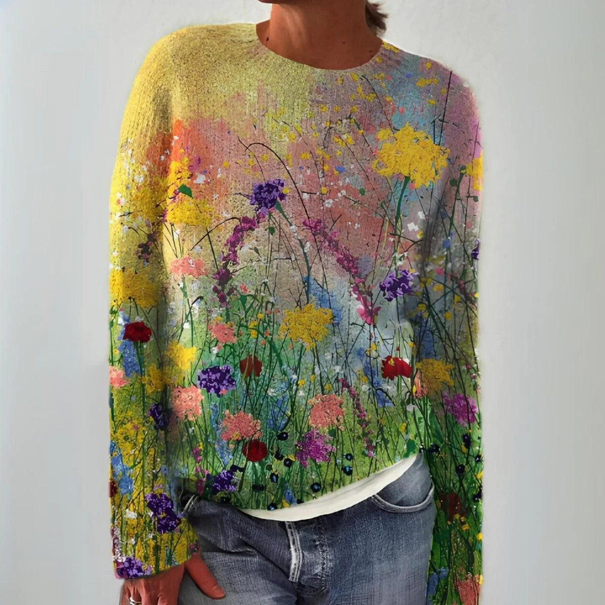 Nuana | Damen Floraler Langarm Knit Sweater mit Kunstblumen-Print